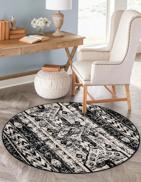 Black and White 5' 3 x 5' 3 Portland Round Area Rug 85% Polypropylene & 15% Polyester Vintage Distressed Traditional Carpet for Home Decor for Sale at Rug Engine