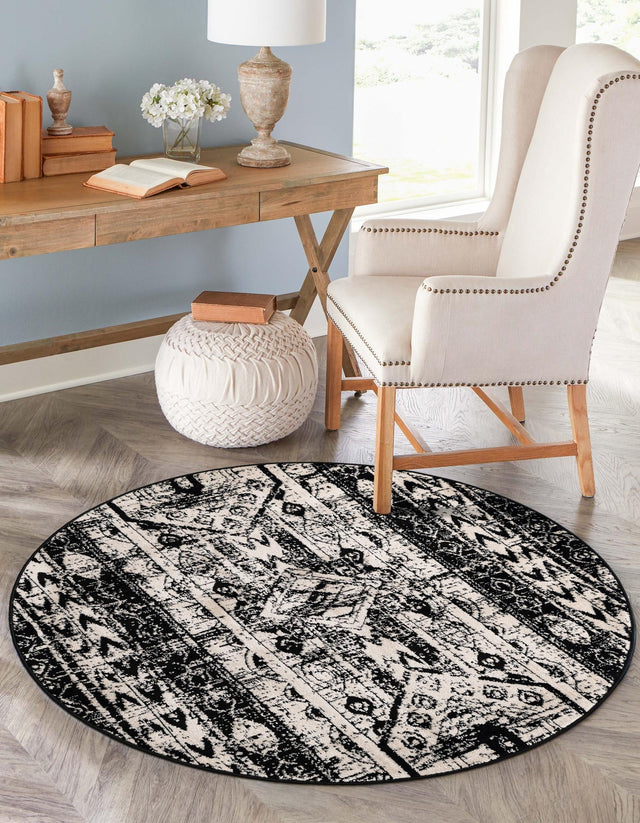 Black and White 5' 3 x 5' 3 Portland Round Area Rug 85% Polypropylene & 15% Polyester Vintage Distressed Traditional Carpet for Home Decor for Sale at Rug Engine