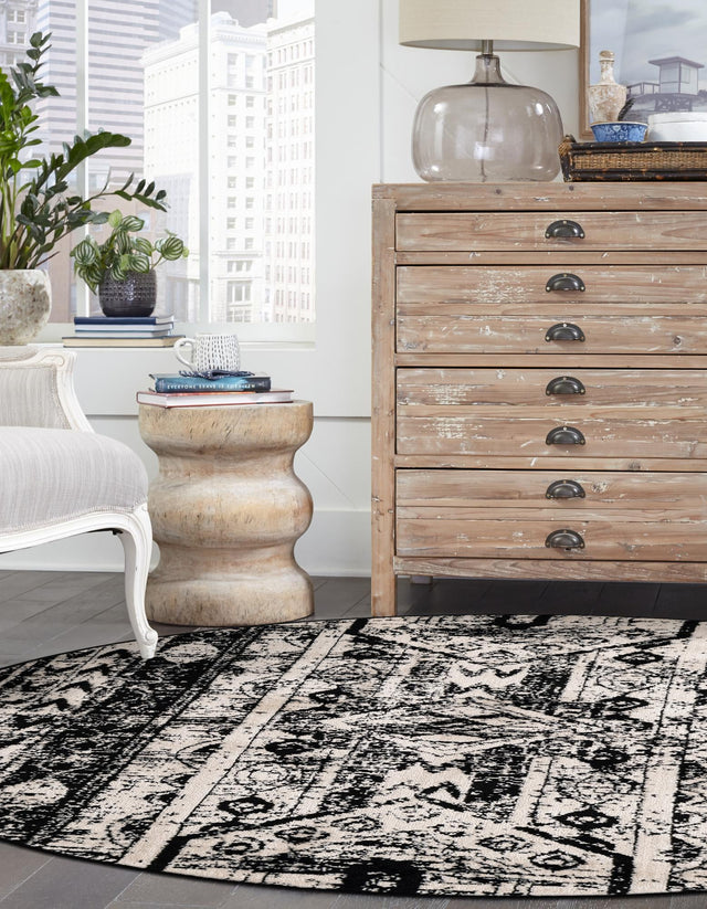 Black and White 3' 1 x 3' 1 Portland Round Area Rug 85% Polypropylene & 15% Polyester Vintage Distressed Traditional Carpet for Home Decor for Sale at Rug Engine