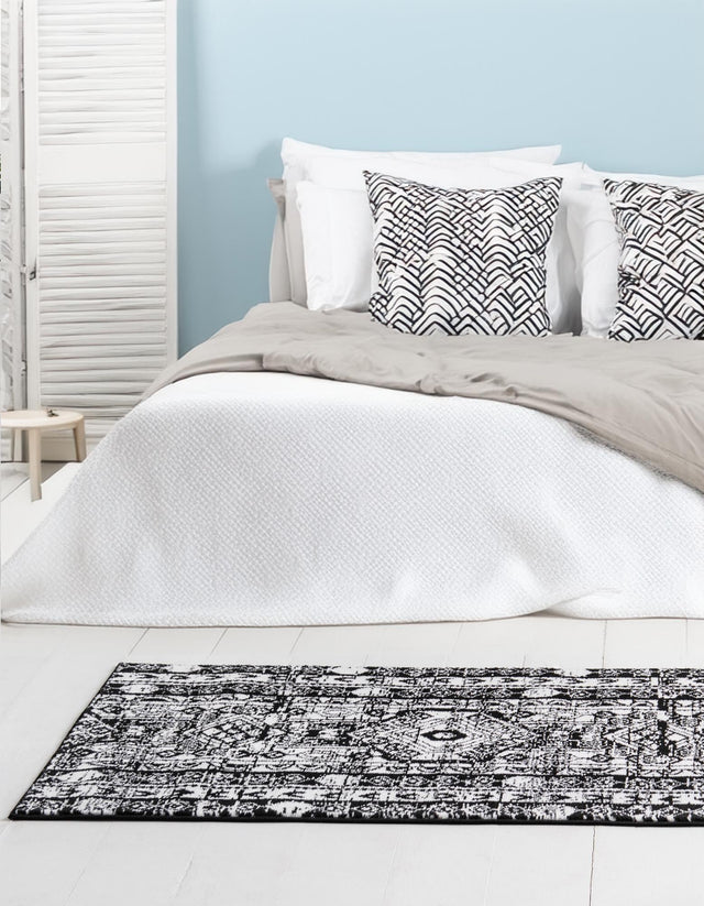 Black and White 2' 2 x 12' Portland Runner Area Rug 85% Polypropylene & 15% Polyester Vintage Distressed Traditional Carpet for Home Decor for Sale at Rug Engine