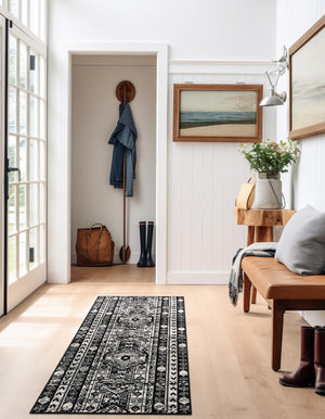 Black and White 2' x 6' 1 Portland Runner Area Rug 85% Polypropylene & 15% Polyester Vintage Distressed Traditional Carpet for Home Decor for Sale at Rug Engine