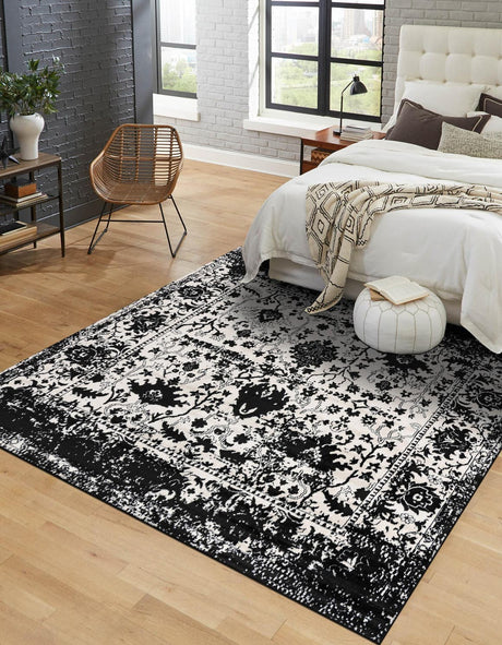 Black and White 4' 1 x 4' 1 Portland Square Area Rug 85% Polypropylene & 15% Polyester Vintage Distressed Traditional Carpet for Home Decor for Sale at Rug Engine
