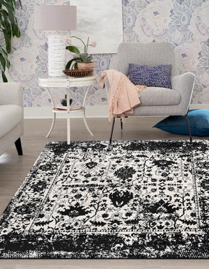 Black and White 7' 10 x 7' 10 Portland Square Area Rug 85% Polypropylene & 15% Polyester Vintage Distressed Traditional Carpet for Home Decor for Sale at Rug Engine