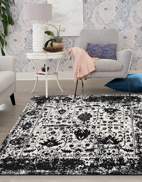 Black and White 7' 10 x 7' 10 Portland Square Area Rug 85% Polypropylene & 15% Polyester Vintage Distressed Traditional Carpet for Home Decor for Sale at Rug Engine
