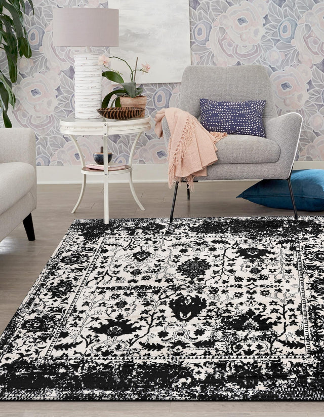 Black and White 7' 10 x 7' 10 Portland Square Area Rug 85% Polypropylene & 15% Polyester Vintage Distressed Traditional Carpet for Home Decor for Sale at Rug Engine