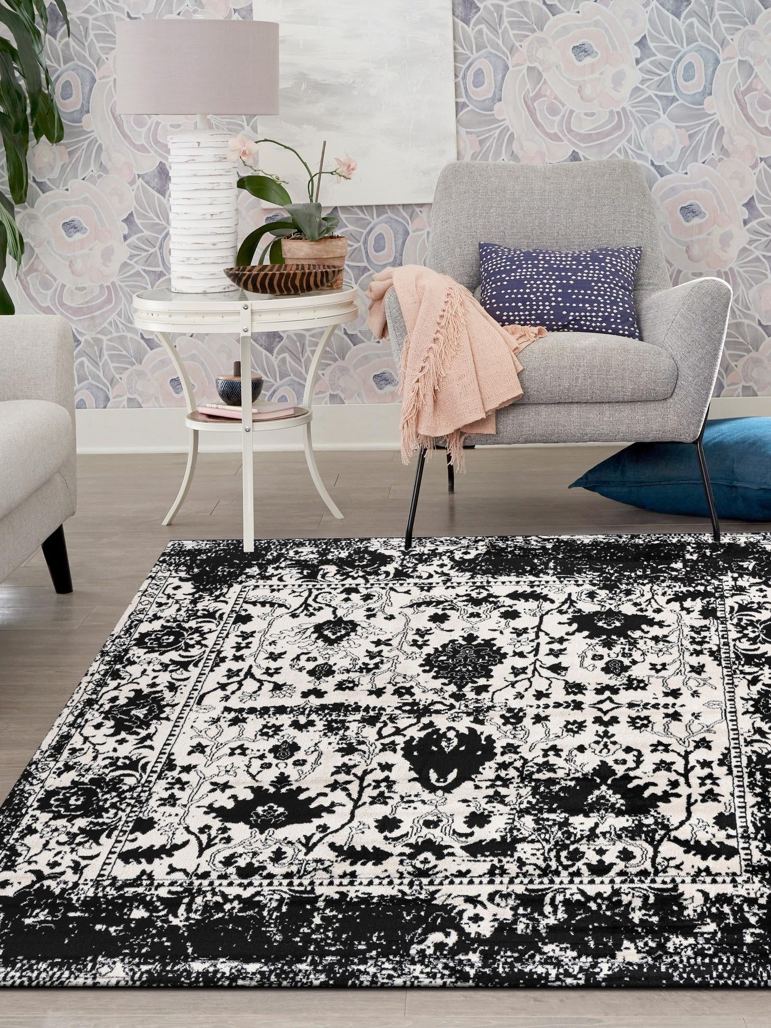 Black and White 4' 1 x 4' 1 Portland Square Area Rug 85% Polypropylene & 15% Polyester Vintage Distressed Traditional Carpet for Home Decor for Sale at Rug Engine