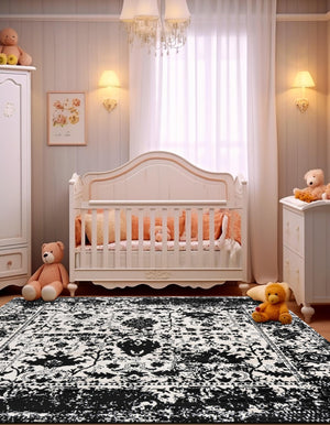 Black and White 7' 10 x 7' 10 Portland Square Area Rug 85% Polypropylene & 15% Polyester Vintage Distressed Traditional Carpet for Home Decor for Sale at Rug Engine