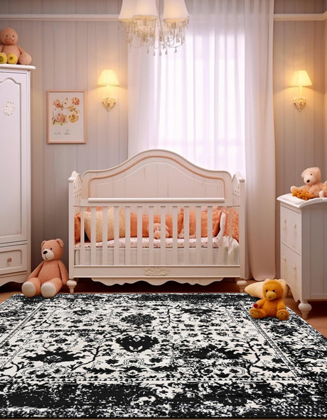 Black and White 4' 1 x 4' 1 Portland Square Area Rug 85% Polypropylene & 15% Polyester Vintage Distressed Traditional Carpet for Home Decor for Sale at Rug Engine