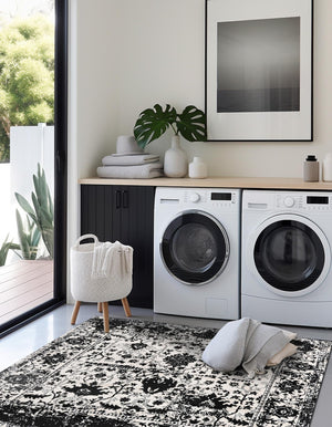 Black and White 7' 10 x 7' 10 Portland Square Area Rug 85% Polypropylene & 15% Polyester Vintage Distressed Traditional Carpet for Home Decor for Sale at Rug Engine