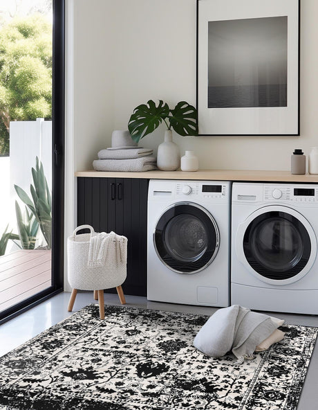 Black and White 7' 10 x 7' 10 Portland Square Area Rug 85% Polypropylene & 15% Polyester Vintage Distressed Traditional Carpet for Home Decor for Sale at Rug Engine