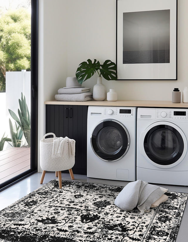 Black and White 7' 10 x 7' 10 Portland Square Area Rug 85% Polypropylene & 15% Polyester Vintage Distressed Traditional Carpet for Home Decor for Sale at Rug Engine