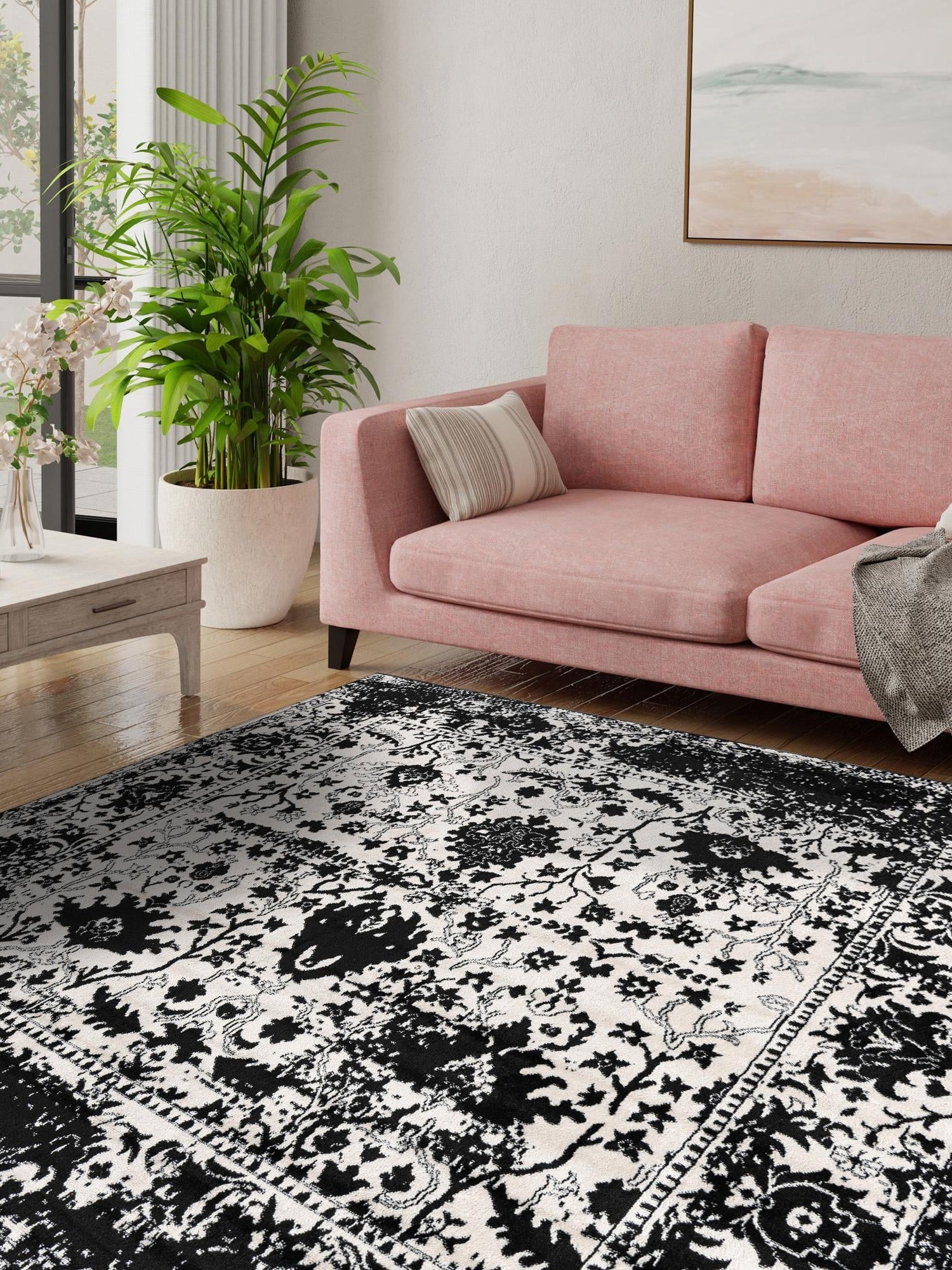 Black and White 4' 1 x 4' 1 Portland Square Area Rug 85% Polypropylene & 15% Polyester Vintage Distressed Traditional Carpet for Home Decor for Sale at Rug Engine