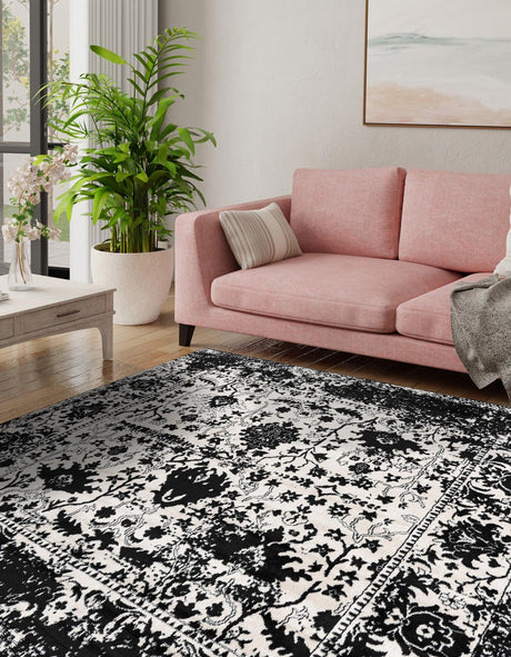 Black and White 4' 1 x 4' 1 Portland Square Area Rug 85% Polypropylene & 15% Polyester Vintage Distressed Traditional Carpet for Home Decor for Sale at Rug Engine