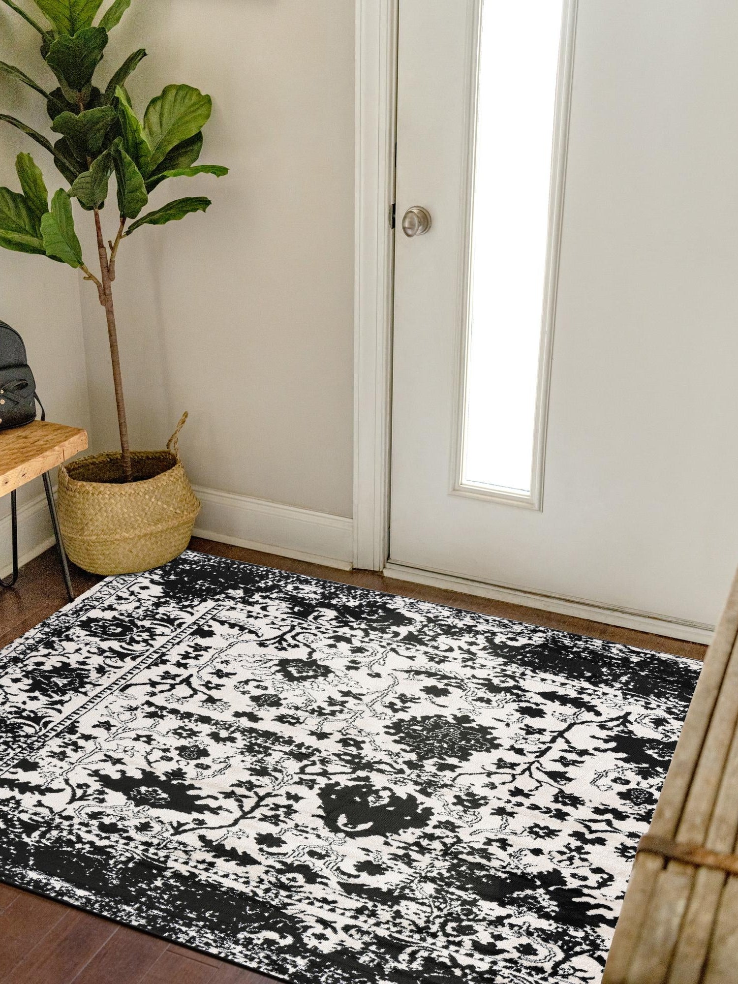 Black and White 4' 1 x 4' 1 Portland Square Area Rug 85% Polypropylene & 15% Polyester Vintage Distressed Traditional Carpet for Home Decor for Sale at Rug Engine