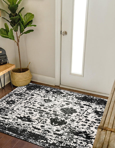 Black and White 6' 1 x 6' 1 Portland Square Area Rug 85% Polypropylene & 15% Polyester Vintage Distressed Traditional Carpet for Home Decor for Sale at Rug Engine