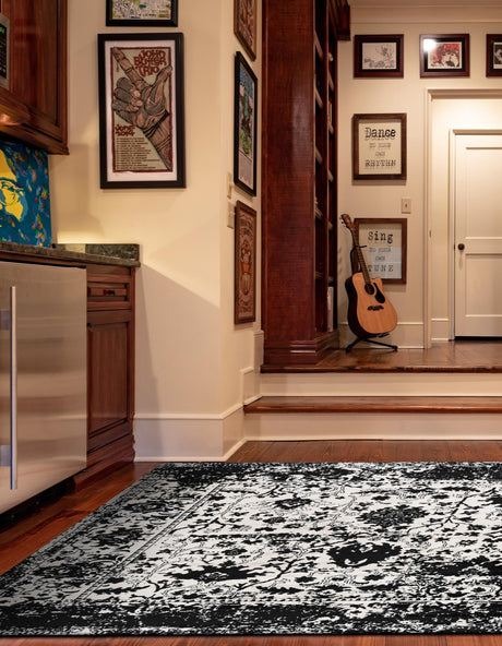 Black and White 7' 10 x 7' 10 Portland Square Area Rug 85% Polypropylene & 15% Polyester Vintage Distressed Traditional Carpet for Home Decor for Sale at Rug Engine