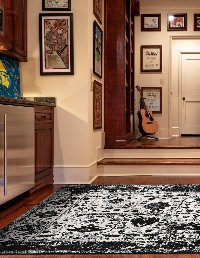 Black and White 4' 1 x 4' 1 Portland Square Area Rug 85% Polypropylene & 15% Polyester Vintage Distressed Traditional Carpet for Home Decor for Sale at Rug Engine