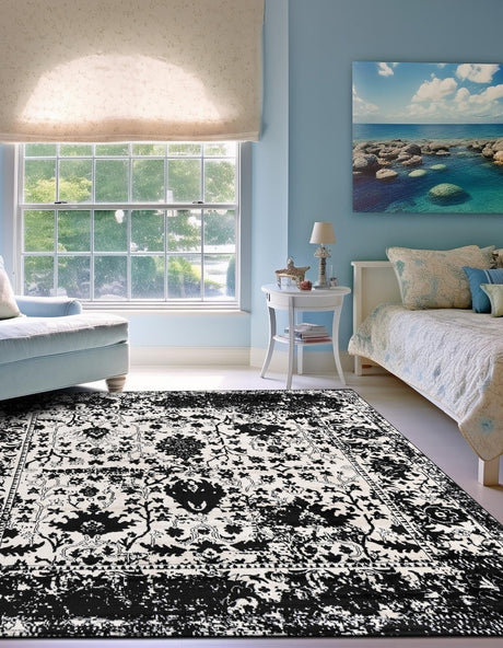 Black and White 7' 10 x 7' 10 Portland Square Area Rug 85% Polypropylene & 15% Polyester Vintage Distressed Traditional Carpet for Home Decor for Sale at Rug Engine