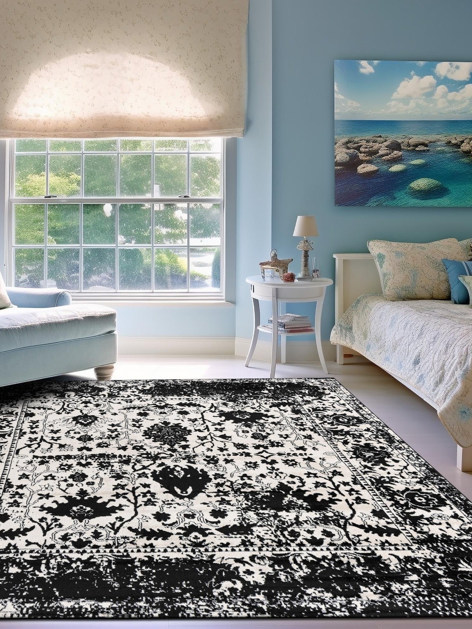 Black and White 4' 1 x 4' 1 Portland Square Area Rug 85% Polypropylene & 15% Polyester Vintage Distressed Traditional Carpet for Home Decor for Sale at Rug Engine