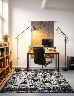 Black and White 4' 1 x 4' 1 Portland Square Area Rug 85% Polypropylene & 15% Polyester Vintage Distressed Traditional Carpet for Home Decor for Sale at Rug Engine