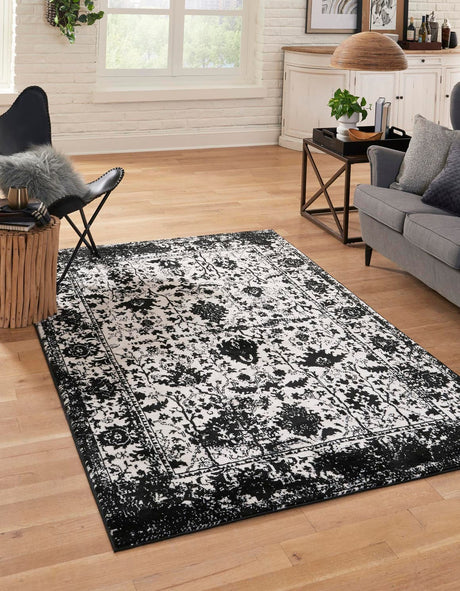 Black and White 10' x 13' 1 Portland Rectangle Area Rug 85% Polypropylene & 15% Polyester Vintage Distressed Traditional Carpet for Home Decor for Sale at Rug Engine