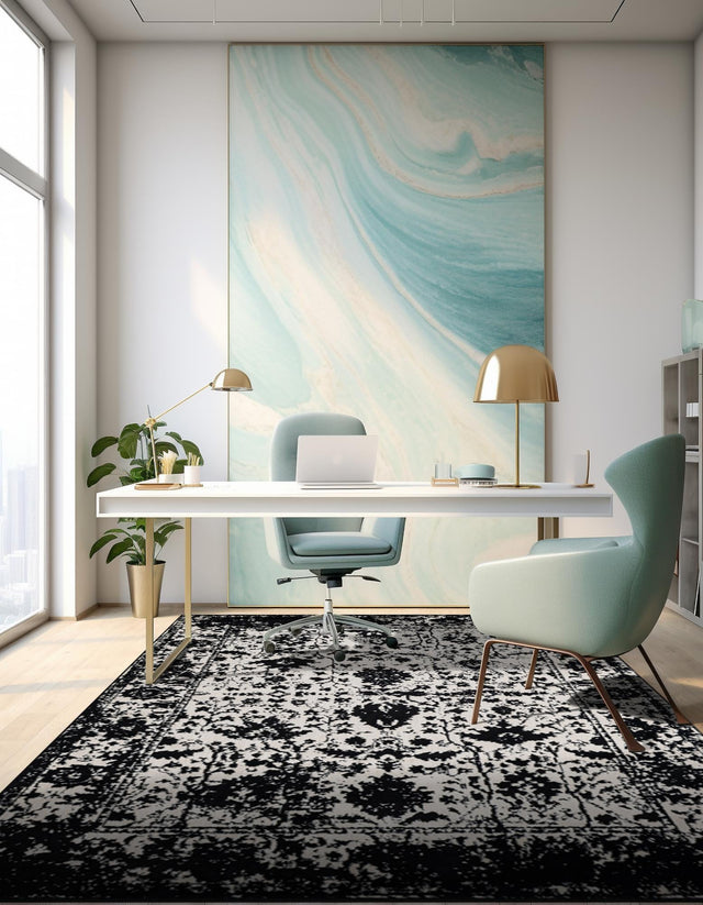 Black and White 7' 10 x 10' Portland Rectangle Area Rug 85% Polypropylene & 15% Polyester Vintage Distressed Traditional Carpet for Home Decor for Sale at Rug Engine