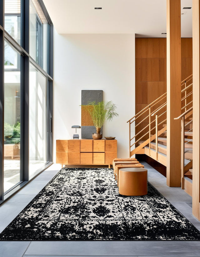 Black and White 7' 10 x 10' Portland Rectangle Area Rug 85% Polypropylene & 15% Polyester Vintage Distressed Traditional Carpet for Home Decor for Sale at Rug Engine