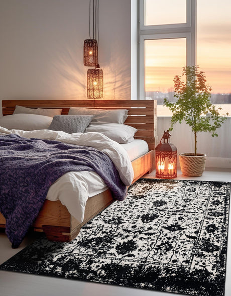 Black and White 7' 10 x 11' Portland Rectangle Area Rug 85% Polypropylene & 15% Polyester Vintage Distressed Traditional Carpet for Home Decor for Sale at Rug Engine