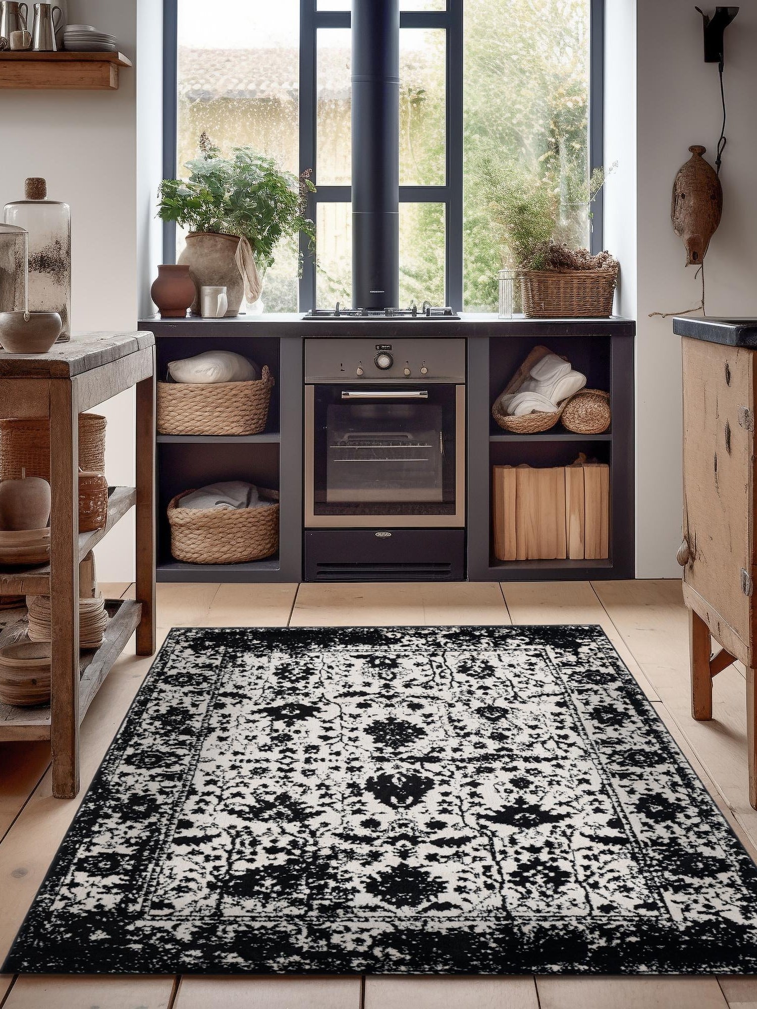 Black and White 7' 10 x 10' Portland Rectangle Area Rug 85% Polypropylene & 15% Polyester Vintage Distressed Traditional Carpet for Home Decor for Sale at Rug Engine