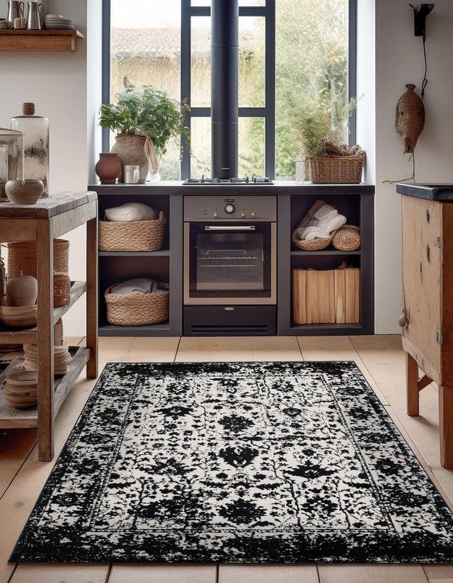 Black and White 7' 10 x 10' Portland Rectangle Area Rug 85% Polypropylene & 15% Polyester Vintage Distressed Traditional Carpet for Home Decor for Sale at Rug Engine
