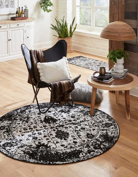 Black and White 7' 1 x 7' 1 Portland Round Area Rug 85% Polypropylene & 15% Polyester Vintage Distressed Traditional Carpet for Home Decor for Sale at Rug Engine