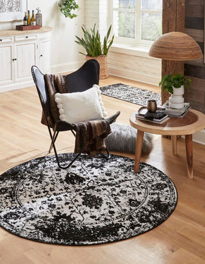 Black and White 5' 3 x 5' 3 Portland Round Area Rug 85% Polypropylene & 15% Polyester Vintage Distressed Traditional Carpet for Home Decor for Sale at Rug Engine