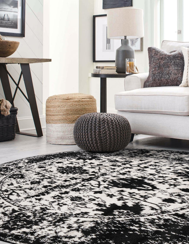 Black and White 5' 3 x 5' 3 Portland Round Area Rug 85% Polypropylene & 15% Polyester Vintage Distressed Traditional Carpet for Home Decor for Sale at Rug Engine