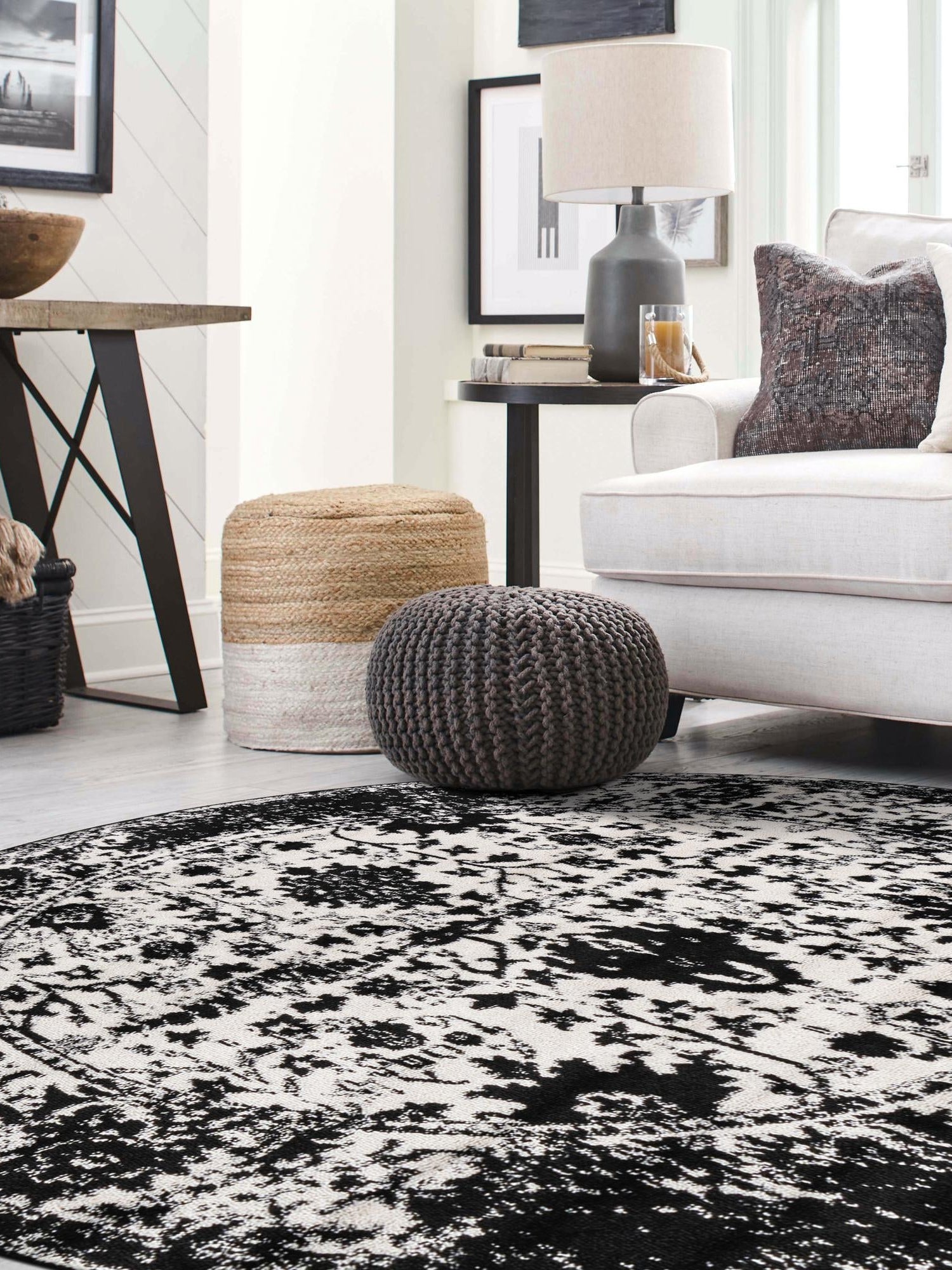 Black and White 3' 1 x 3' 1 Portland Round Area Rug 85% Polypropylene & 15% Polyester Vintage Distressed Traditional Carpet for Home Decor for Sale at Rug Engine