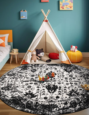 Black and White 7' 1 x 7' 1 Portland Round Area Rug 85% Polypropylene & 15% Polyester Vintage Distressed Traditional Carpet for Home Decor for Sale at Rug Engine