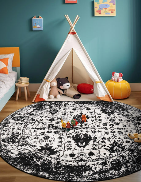 Black and White 5' 3 x 5' 3 Portland Round Area Rug 85% Polypropylene & 15% Polyester Vintage Distressed Traditional Carpet for Home Decor for Sale at Rug Engine