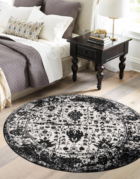 Black and White 7' 1 x 7' 1 Portland Round Area Rug 85% Polypropylene & 15% Polyester Vintage Distressed Traditional Carpet for Home Decor for Sale at Rug Engine