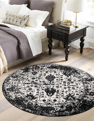 Black and White 5' 3 x 5' 3 Portland Round Area Rug 85% Polypropylene & 15% Polyester Vintage Distressed Traditional Carpet for Home Decor for Sale at Rug Engine
