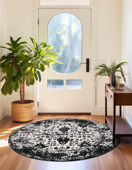 Black and White 3' 1 x 3' 1 Portland Round Area Rug 85% Polypropylene & 15% Polyester Vintage Distressed Traditional Carpet for Home Decor for Sale at Rug Engine