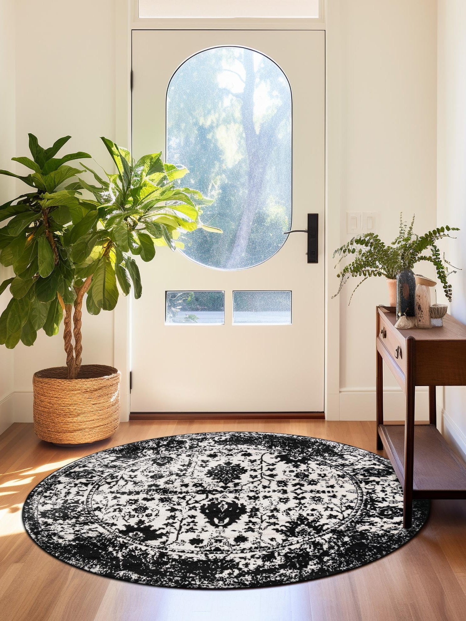 Black and White 5' 3 x 5' 3 Portland Round Area Rug 85% Polypropylene & 15% Polyester Vintage Distressed Traditional Carpet for Home Decor for Sale at Rug Engine