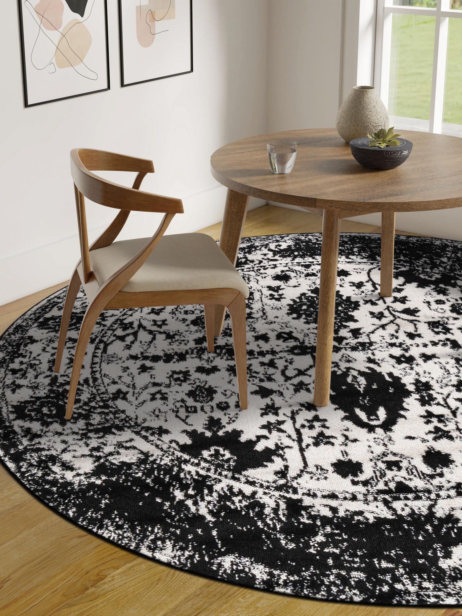 Black and White 3' 1 x 3' 1 Portland Round Area Rug 85% Polypropylene & 15% Polyester Vintage Distressed Traditional Carpet for Home Decor for Sale at Rug Engine