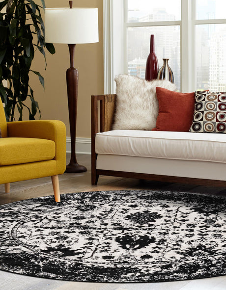Black and White 3' 1 x 3' 1 Portland Round Area Rug 85% Polypropylene & 15% Polyester Vintage Distressed Traditional Carpet for Home Decor for Sale at Rug Engine