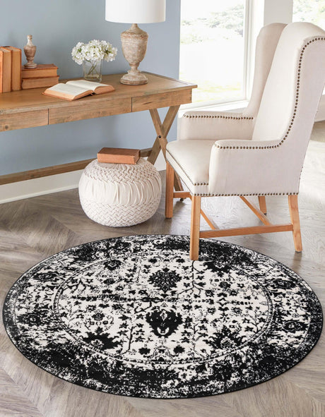 Black and White 3' 1 x 3' 1 Portland Round Area Rug 85% Polypropylene & 15% Polyester Vintage Distressed Traditional Carpet for Home Decor for Sale at Rug Engine