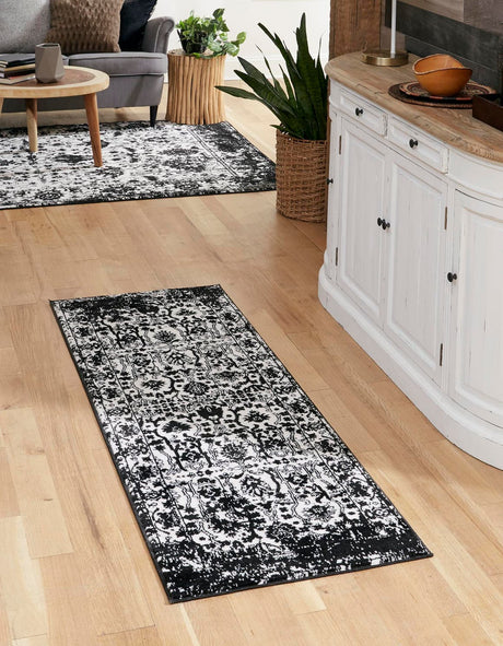 Black and White 2' 2 x 12' Portland Runner Area Rug 85% Polypropylene & 15% Polyester Vintage Distressed Traditional Carpet for Home Decor for Sale at Rug Engine