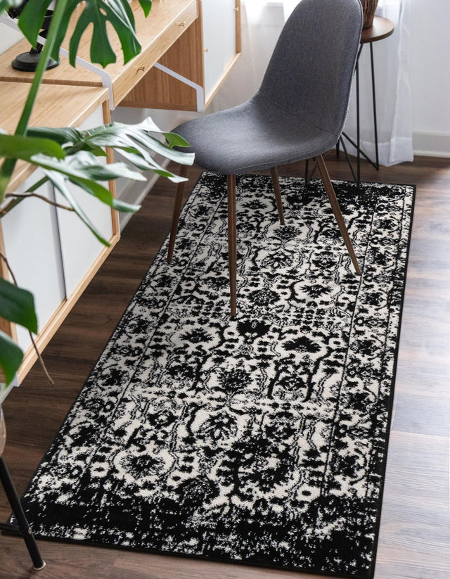 Black and White 2' 2 x 12' Portland Runner Area Rug 85% Polypropylene & 15% Polyester Vintage Distressed Traditional Carpet for Home Decor for Sale at Rug Engine