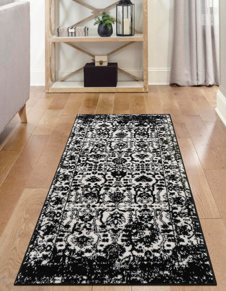 Black and White 2' 2 x 12' Portland Runner Area Rug 85% Polypropylene & 15% Polyester Vintage Distressed Traditional Carpet for Home Decor for Sale at Rug Engine