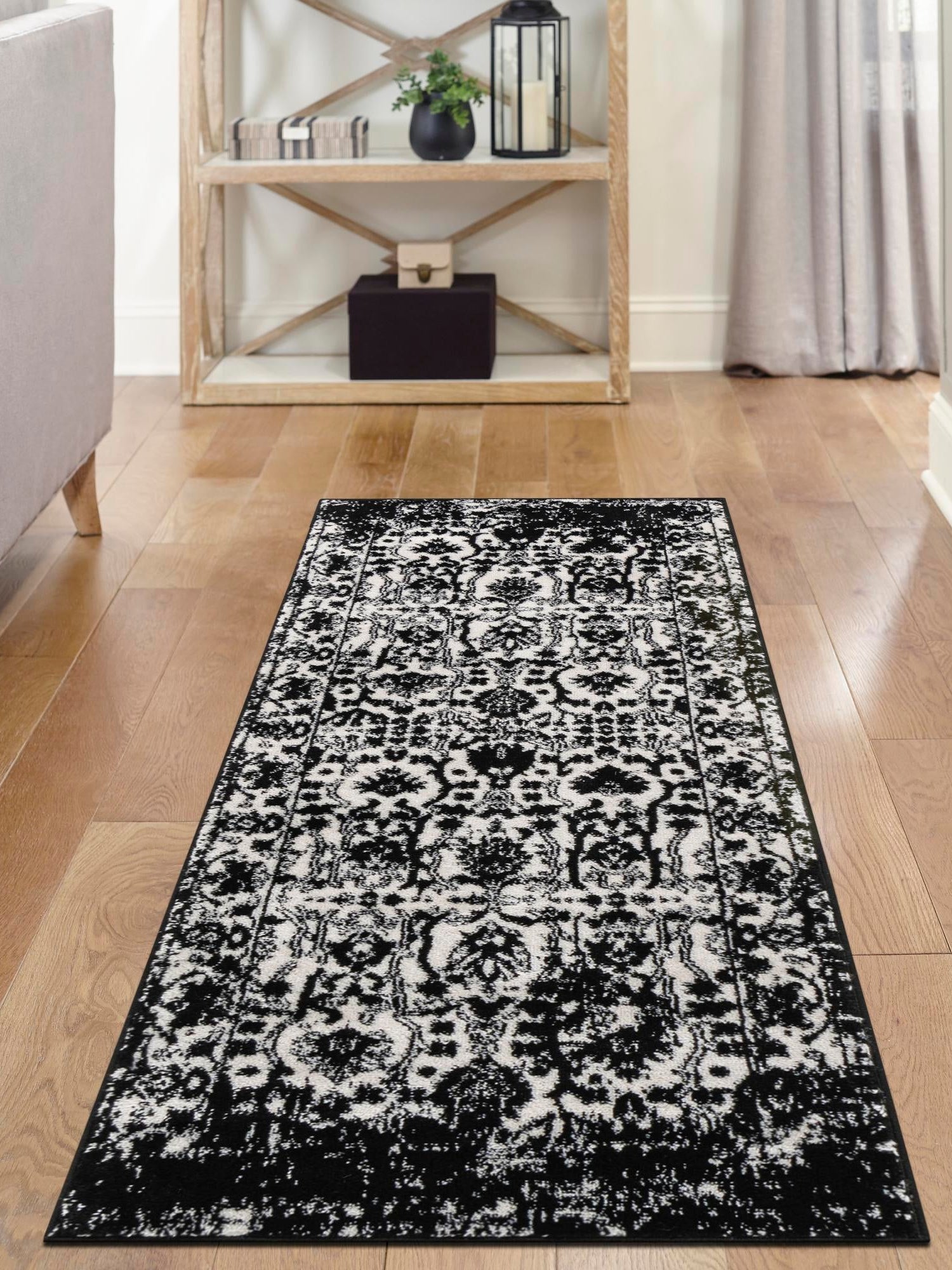 Black and White 2' x 6' 1 Portland Runner Area Rug 85% Polypropylene & 15% Polyester Vintage Distressed Traditional Carpet for Home Decor for Sale at Rug Engine