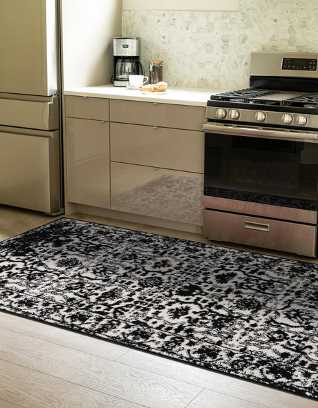 Black and White 2' x 8' Portland Runner Area Rug 85% Polypropylene & 15% Polyester Vintage Distressed Traditional Carpet for Home Decor for Sale at Rug Engine