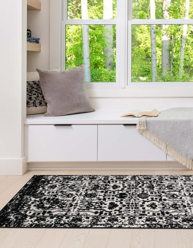 Black and White 2' x 8' Portland Runner Area Rug 85% Polypropylene & 15% Polyester Vintage Distressed Traditional Carpet for Home Decor for Sale at Rug Engine