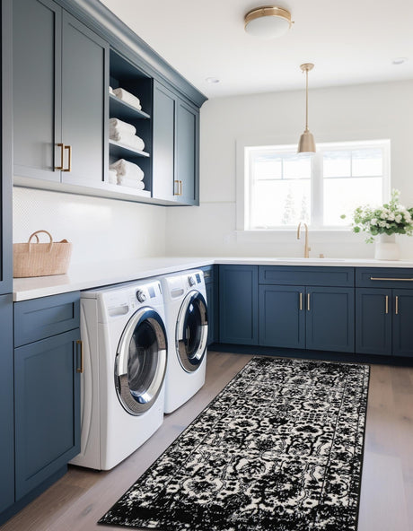 Black and White 2' x 8' Portland Runner Area Rug 85% Polypropylene & 15% Polyester Vintage Distressed Traditional Carpet for Home Decor for Sale at Rug Engine